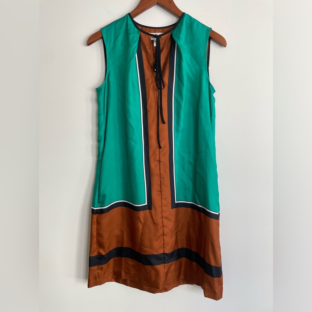 Diane Von Furstenberg Sz 2 100% Silk Shift Dress Color Block Green Brown Pockets